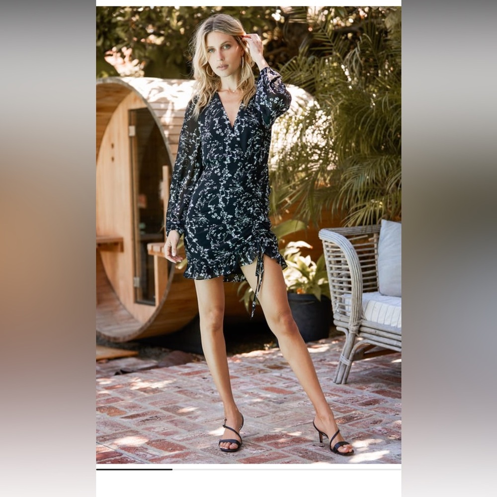 LULUs One True Love Black Floral Print Ruched Long Sleeve Mini Dress